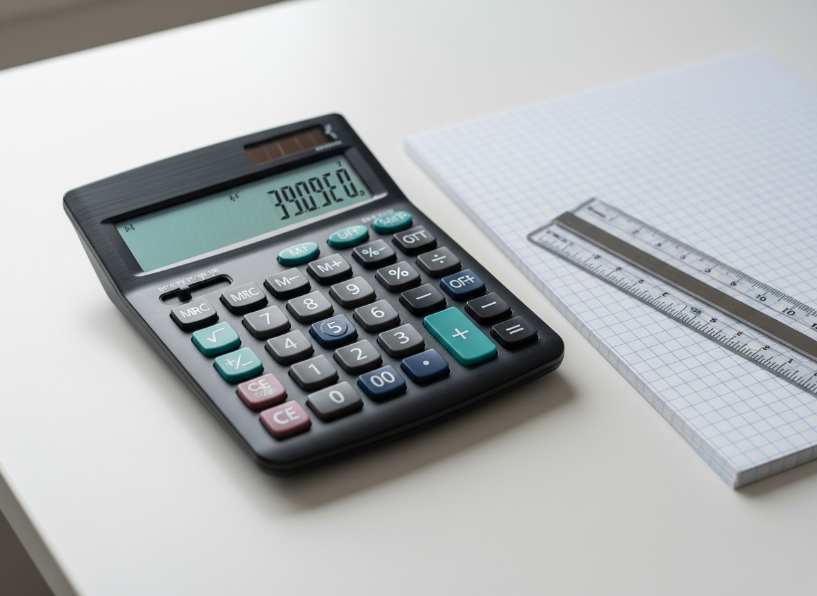 An elegant close-up of a scientific calculator with a dark matte body and softly glowing display, resting on a smooth white desk beside a neatly stacked set of graph paper and a clear acrylic ruler. The calculator buttons—shades of charcoal, slate, and soft teal—appear clean and unworn, emphasizing precision and reliability. Diffused afternoon light from a nearby window washes across the scene, creating subtle highlights on the calculator edges and gentle shadows beneath. Photographic realism, shot from a slightly elevated angle with a shallow depth of field, keeping the calculator in tack-sharp focus while the graph paper grid fades softly into the background. The mood is calm, methodical, and professional, perfect for illustrating focused math problem-solving in a tutoring context.