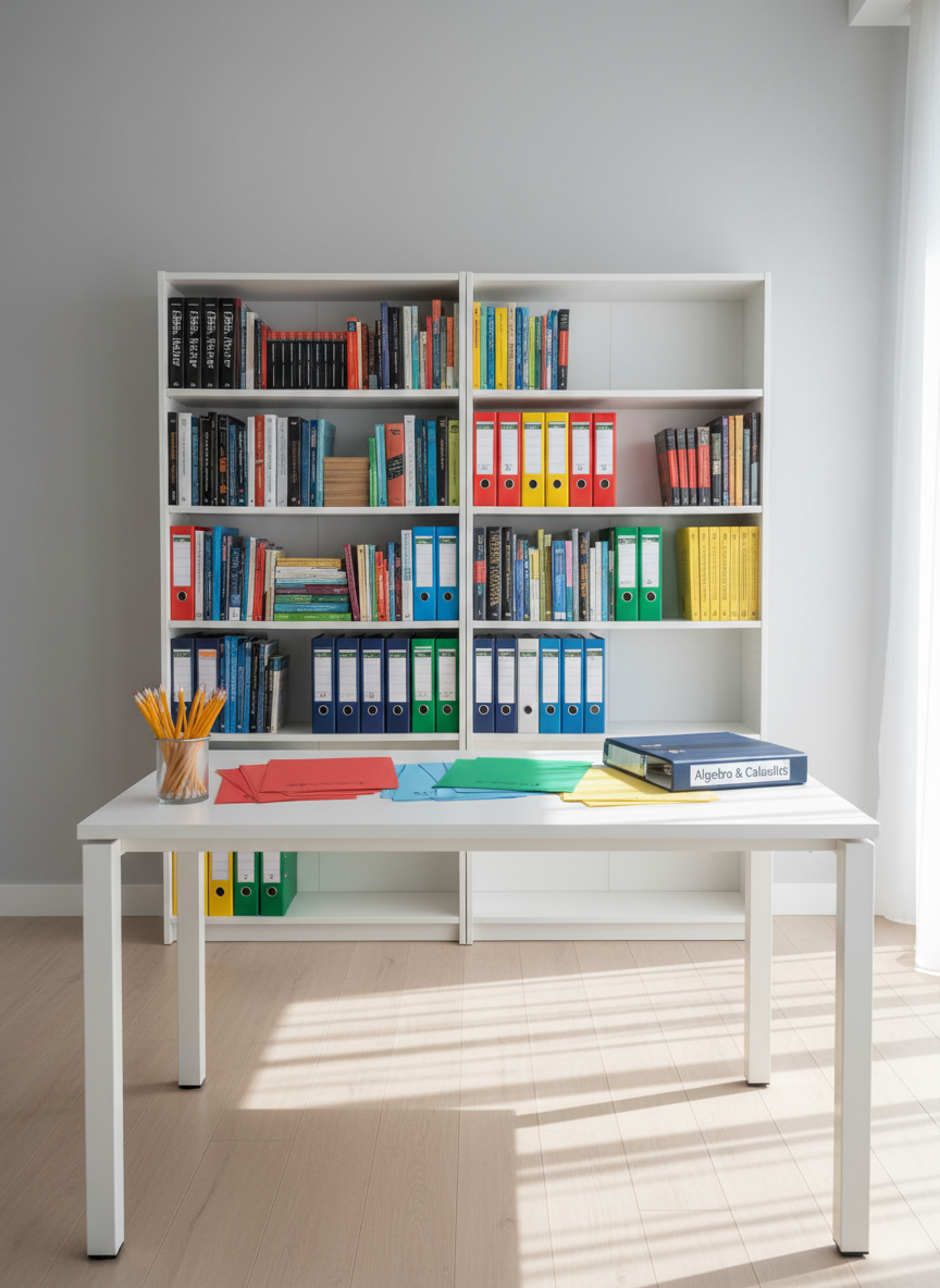 A tidy, modern tutoring space with a single rectangular white table centered in the frame, topped with color-coded math worksheets, a closed navy-blue binder labeled “Algebra & Calculus,” and a transparent cup filled with sharpened pencils. Behind the table, a tall white bookshelf holds neatly arranged math textbooks and labeled folders in orderly rows. Cool, even natural light streams in from a large unseen window on the right, casting soft, elongated shadows that emphasize the room’s clean lines. Photographic realism, captured at eye level with a wide-angle lens to show the entire room in sharp focus. The atmosphere is professional, inviting, and highly organized, portraying an ideal environment for serious, distraction-free math tutoring sessions without any human presence.