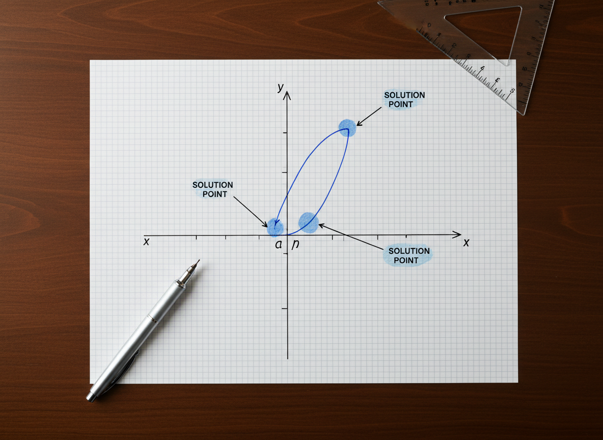 A detailed view of a crisp sheet of graph paper filled with a carefully drawn parabola, labeled axes, and a few highlighted solution points, all marked with precise blue and black ink. A fine-tip pen lies diagonally across the lower corner of the page, and a small, transparent plastic triangle rests near the top edge. The page sits on a smooth, dark walnut desk that contrasts with the bright white paper. Soft overhead lighting combined with a hint of natural side light creates a balanced, shadow-free view of the math work. Photographic realism, captured from directly above like a flat lay, with sharp focus on every line and grid square. The mood is studious, meticulous, and professional, ideal for showcasing the clarity and structure of Yani’s math tutoring approach.