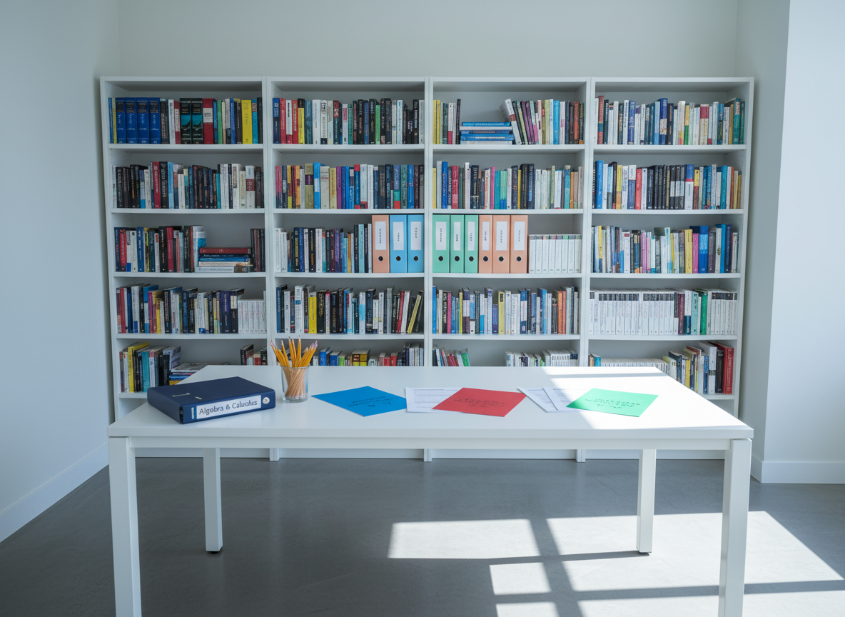 A tidy, modern tutoring space with a single rectangular white table centered in the frame, topped with color-coded math worksheets, a closed navy-blue binder labeled “Algebra & Calculus,” and a transparent cup filled with sharpened pencils. Behind the table, a tall white bookshelf holds neatly arranged math textbooks and labeled folders in orderly rows. Cool, even natural light streams in from a large unseen window on the right, casting soft, elongated shadows that emphasize the room’s clean lines. Photographic realism, captured at eye level with a wide-angle lens to show the entire room in sharp focus. The atmosphere is professional, inviting, and highly organized, portraying an ideal environment for serious, distraction-free math tutoring sessions without any human presence.