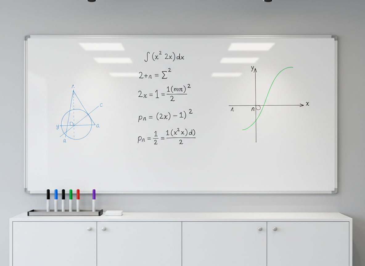 A large, spotless whiteboard mounted on a pale gray wall, covered with neatly written math formulas, geometric diagrams, and a clearly labeled coordinate plane in blue, black, and green marker. A slim metal tray at the bottom holds perfectly aligned markers and a fresh white eraser. Below the whiteboard, a modern white cabinet with closed doors maintains a clutter-free look. Bright but soft overhead lighting evenly illuminates the board, creating crisp, legible lines and faint reflections on the glossy surface. Photographic realism, captured straight-on with symmetrical composition and sharp focus from edge to edge. The mood is organized, serious, and professional, conveying a dedicated math tutoring environment where concepts are presented clearly and methodically.
