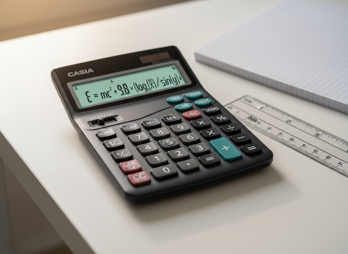 An elegant close-up of a scientific calculator with a dark matte body and softly glowing display, resting on a smooth white desk beside a neatly stacked set of graph paper and a clear acrylic ruler. The calculator buttons—shades of charcoal, slate, and soft teal—appear clean and unworn, emphasizing precision and reliability. Diffused afternoon light from a nearby window washes across the scene, creating subtle highlights on the calculator edges and gentle shadows beneath. Photographic realism, shot from a slightly elevated angle with a shallow depth of field, keeping the calculator in tack-sharp focus while the graph paper grid fades softly into the background. The mood is calm, methodical, and professional, perfect for illustrating focused math problem-solving in a tutoring context.