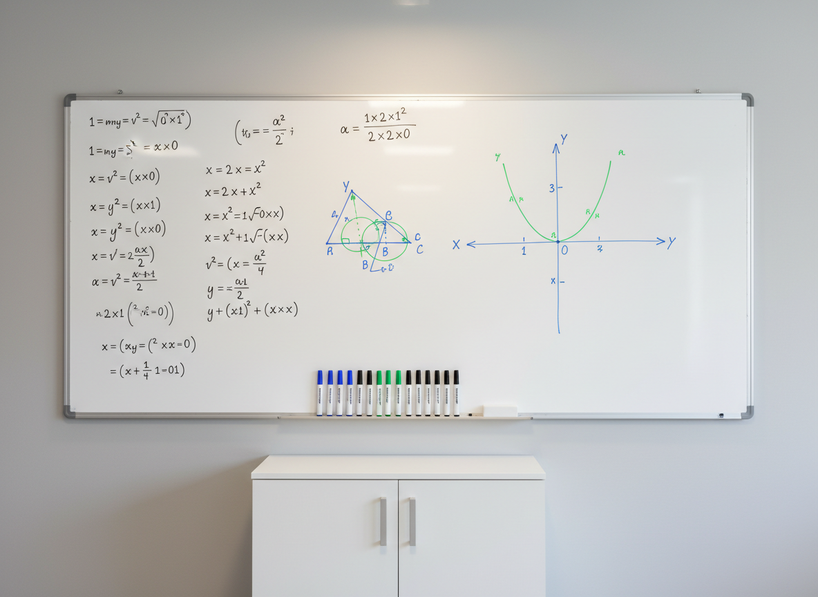 A large, spotless whiteboard mounted on a pale gray wall, covered with neatly written math formulas, geometric diagrams, and a clearly labeled coordinate plane in blue, black, and green marker. A slim metal tray at the bottom holds perfectly aligned markers and a fresh white eraser. Below the whiteboard, a modern white cabinet with closed doors maintains a clutter-free look. Bright but soft overhead lighting evenly illuminates the board, creating crisp, legible lines and faint reflections on the glossy surface. Photographic realism, captured straight-on with symmetrical composition and sharp focus from edge to edge. The mood is organized, serious, and professional, conveying a dedicated math tutoring environment where concepts are presented clearly and methodically.