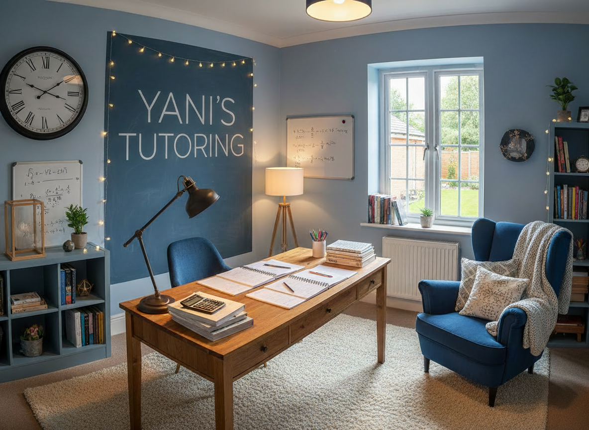Edit the existing hero cover image to keep the same cozy, soft blue tutoring workspace look, but correct the on-image text to say “Yani’s Tutoring” spelled exactly like this, large, centered, and easy to read in a modern, clean font with good contrast against the background.